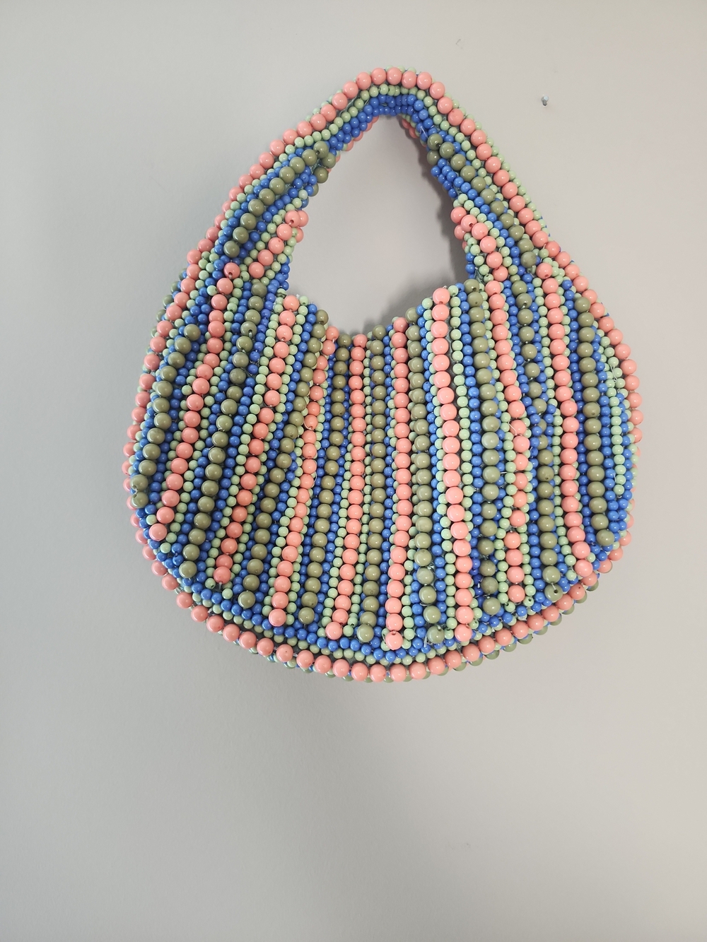 Handmade Wooden Beaded Hobo Bag in Pastel Pink, Blue & Green